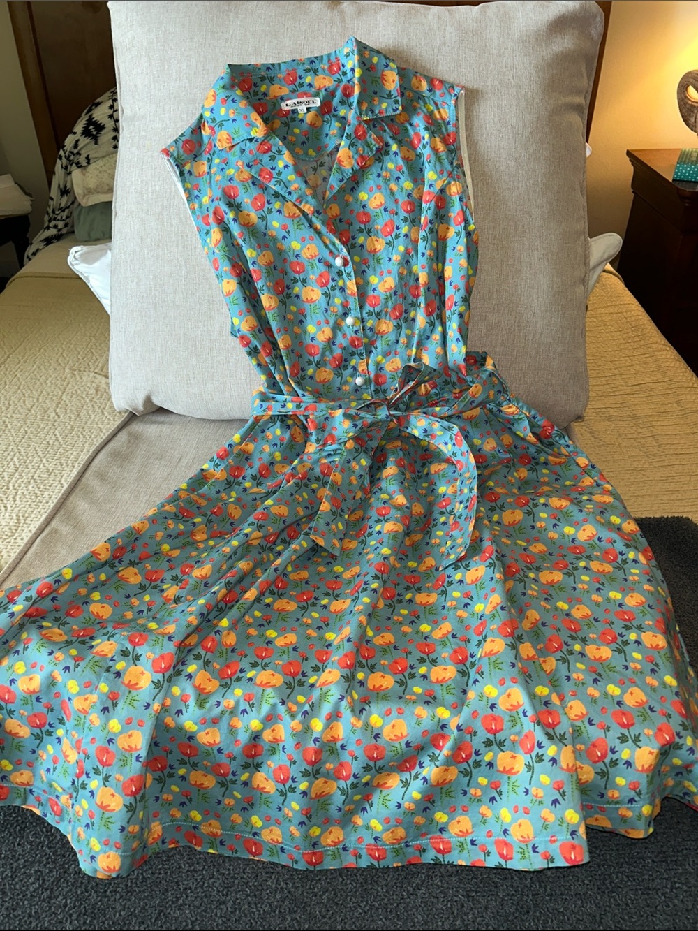 Sleeveless Floral Midi Dress in Teal with Tie Waist 100% cotton
